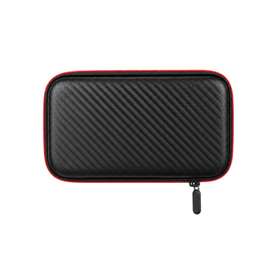 AISLPC GuardShell carrying case with a black carbon fiber texture, red trim, and zipper design for protecting and storing retro gaming handheld consoles.