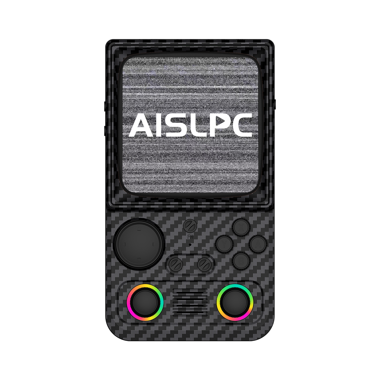 Carbon black AISLPC R36T MAX WiFi version retro handheld game console shown from the front with a retro TV-style design and RGB joysticks.
