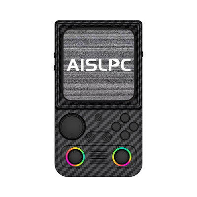 Carbon black AISLPC R36T MAX WiFi version retro handheld game console shown from the front with a retro TV-style design and RGB joysticks.