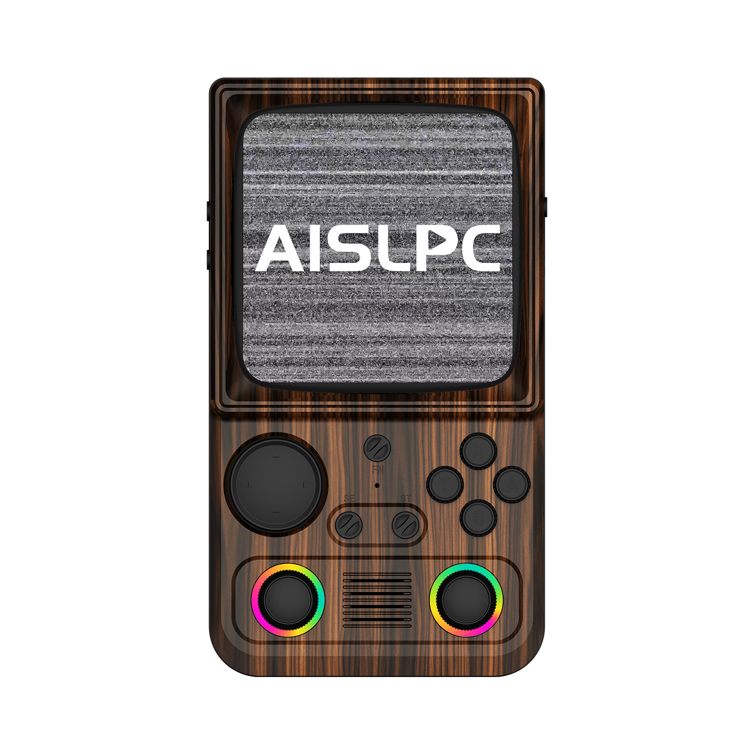 Coffee brown AISLPC R36T MAX WiFi version retro handheld game console shown from the front with a retro TV-style design and RGB joysticks.