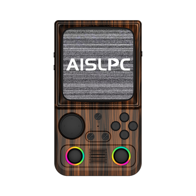 Coffee brown AISLPC R36T MAX WiFi version retro handheld game console shown from the front with a retro TV-style design and RGB joysticks.