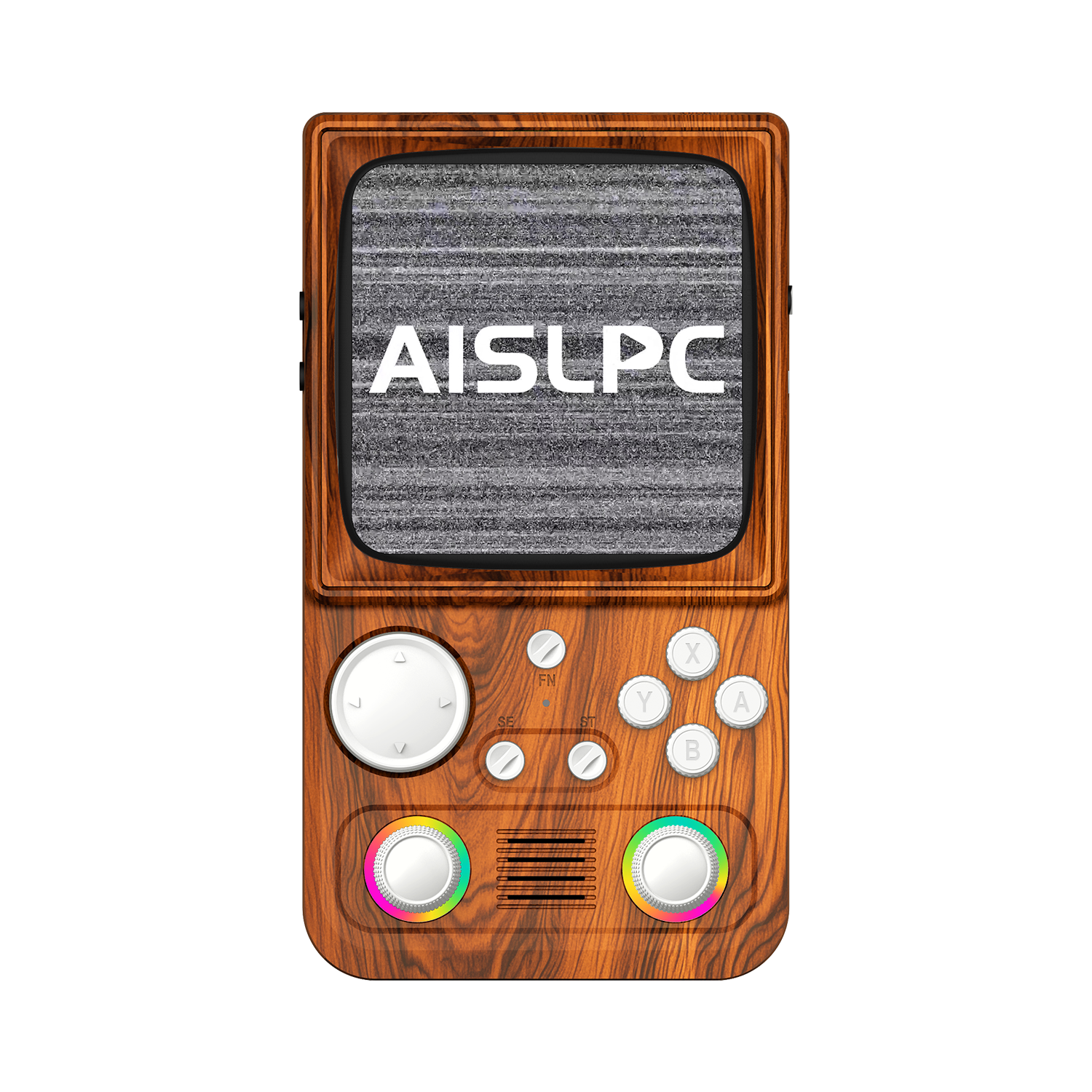Wood brown AISLPC R36T MAX WiFi version retro handheld game console shown from the front with a retro TV-style design and RGB joysticks.