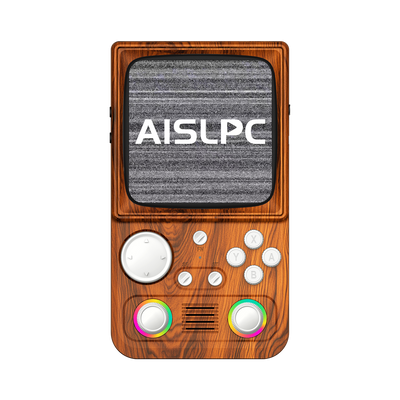 Wood brown AISLPC R36T MAX WiFi version retro handheld game console shown from the front with a retro TV-style design and RGB joysticks.