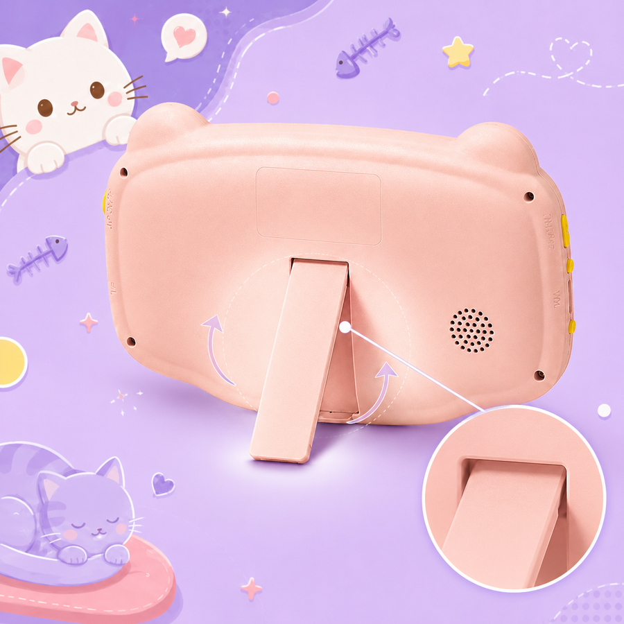 AISLPC RG-K32B pink retro handheld game console back view, featuring a built-in kickstand on a cute cat-themed background.