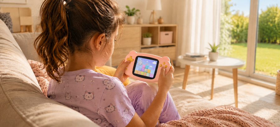 Child playing the pink AISLPC RG-K32B retro handheld game console on a sofa in a bright home living room.