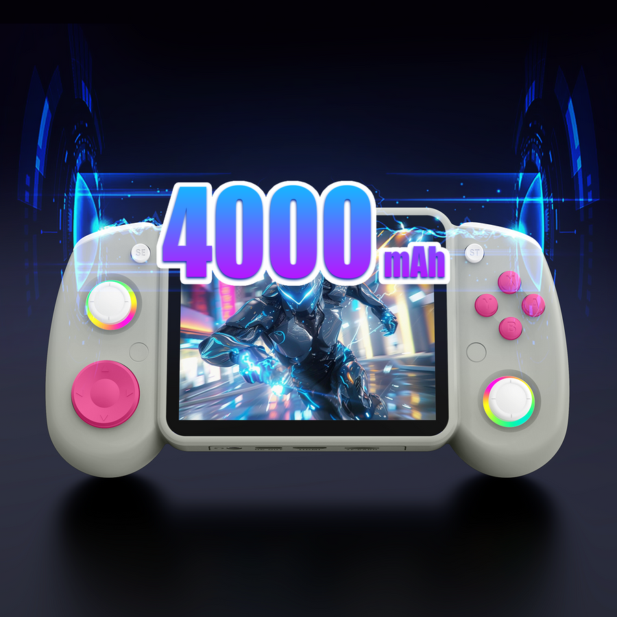 White RG43H PRO retro gaming handheld console highlighting 4000mAh battery capacity, dual RGB joysticks, pink controls, and an action game display.