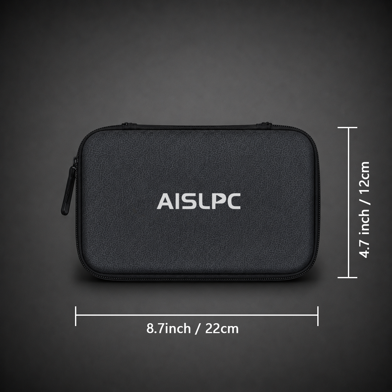 AISLPC RG43H PRO carrying case size dimensions showing an 8.7-inch by 4.7-inch protective storage bag.