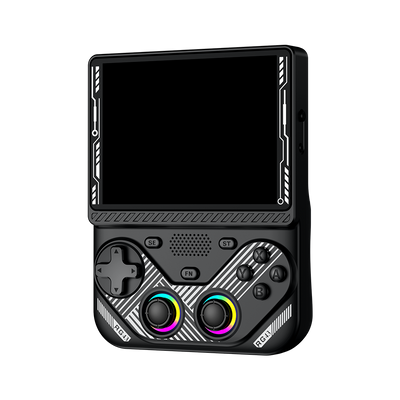 Black AISLPC RG43V PRO retro handheld game console shown from an angled front view with a large display and dual RGB joysticks.