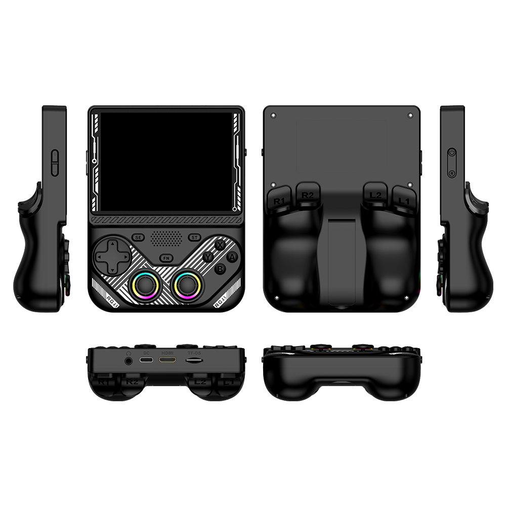 Black AISLPC RG43V PRO retro handheld game console shown from multiple angles, including front, back, side, top, and bottom views.