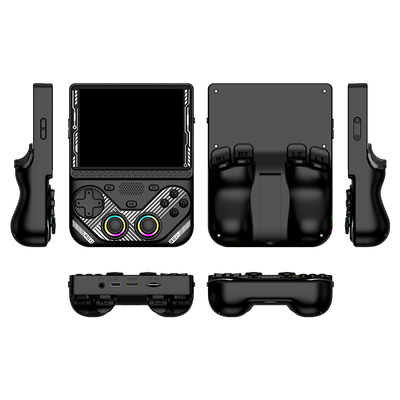 Black AISLPC RG43V PRO retro handheld game console shown from multiple angles, including front, back, side, top, and bottom views.