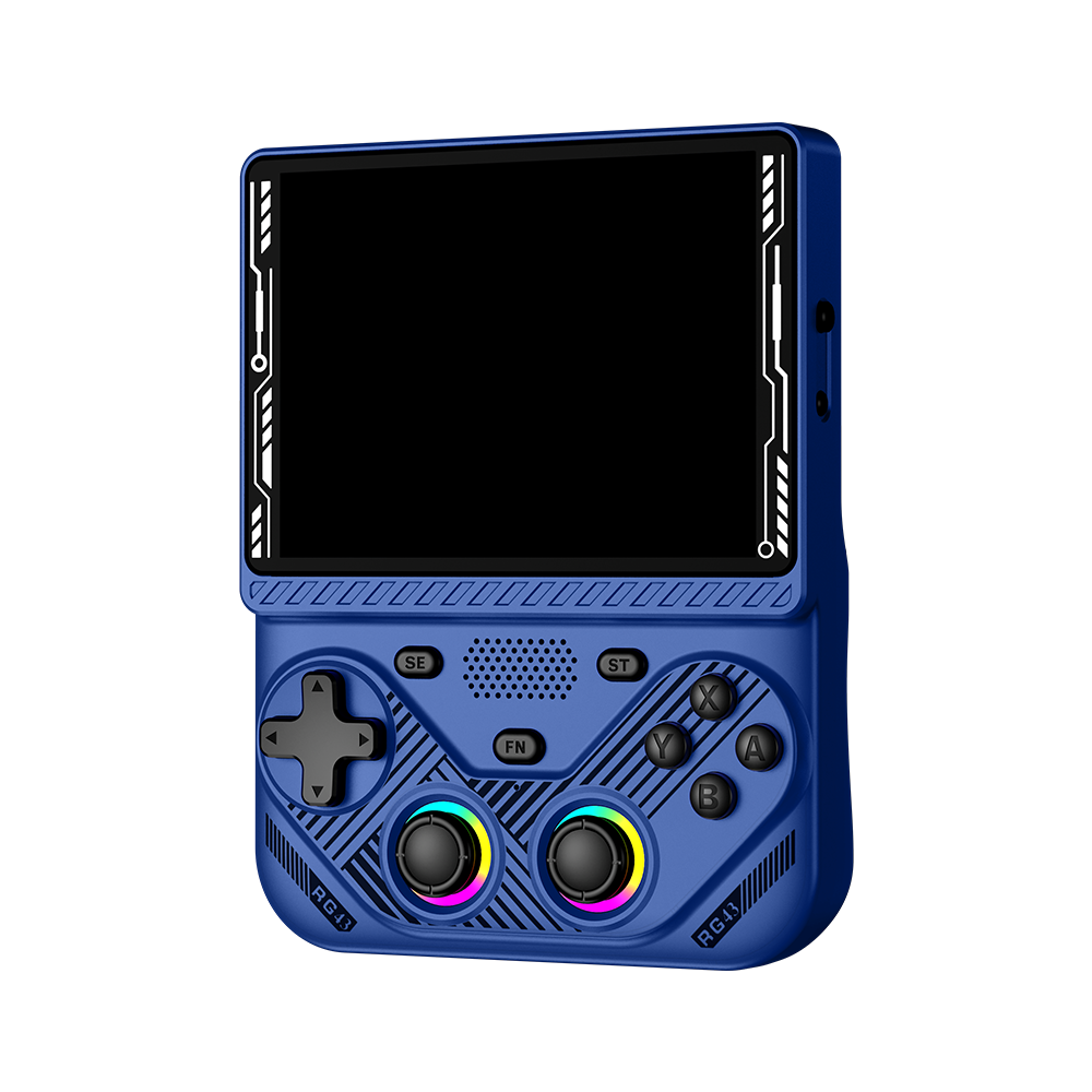 Blue AISLPC RG43V PRO retro handheld game console shown from an angled front view with a large display and dual RGB joysticks.