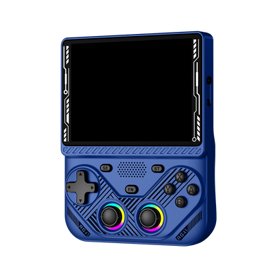 Blue AISLPC RG43V PRO retro handheld game console shown from an angled front view with a large display and dual RGB joysticks.