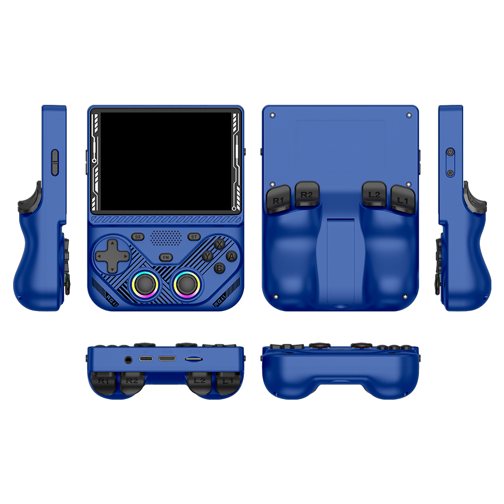Blue AISLPC RG43V PRO retro handheld game console shown from multiple angles, including front, back, side, top, and bottom views.