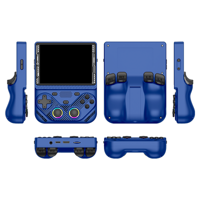 Blue AISLPC RG43V PRO retro handheld game console shown from multiple angles, including front, back, side, top, and bottom views.