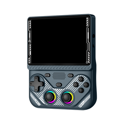 Grey AISLPC RG43V PRO retro handheld game console shown from an angled front view with a large display and dual RGB joysticks.