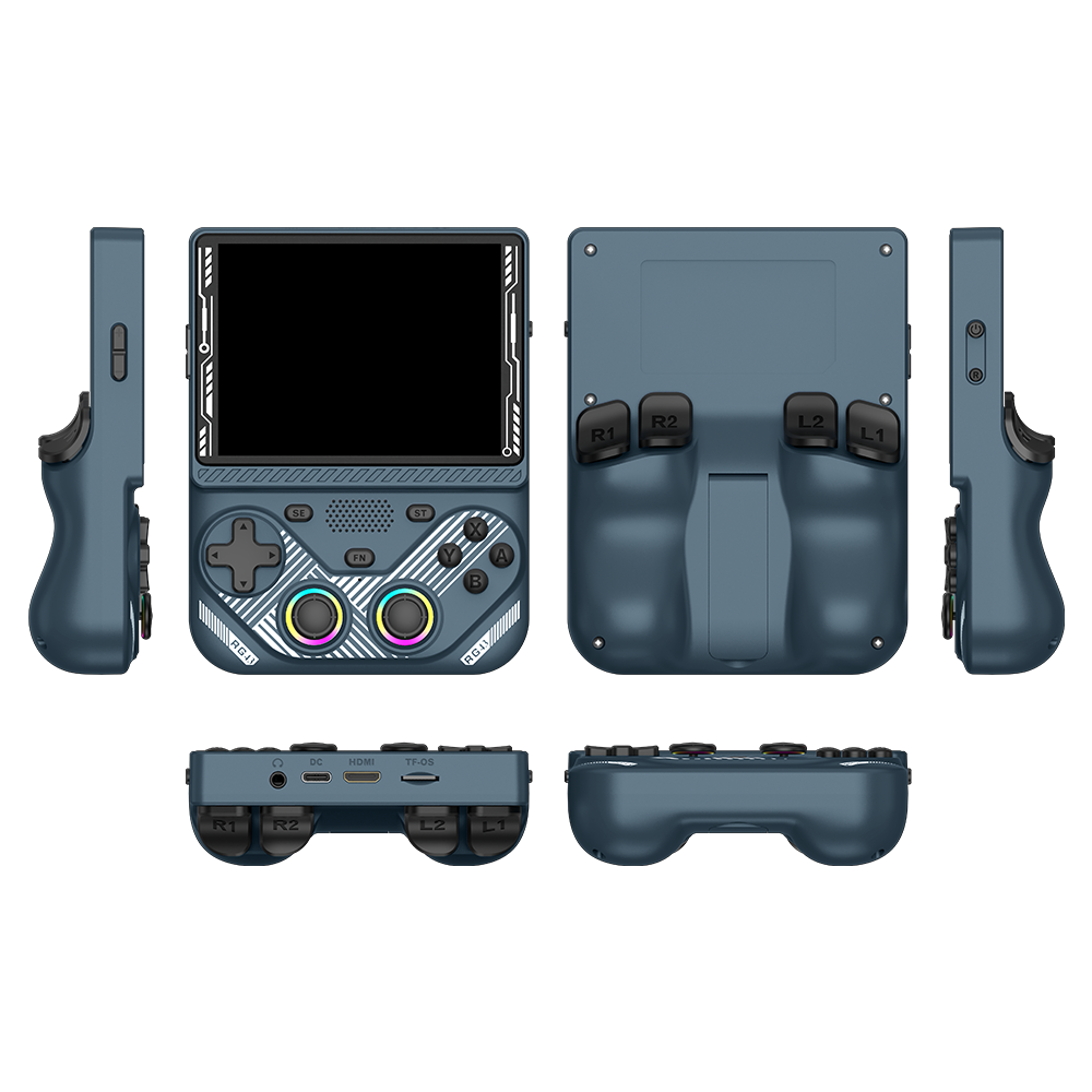 Grey AISLPC RG43V PRO retro handheld game console shown from multiple angles, including front, back, side, top, and bottom views.
