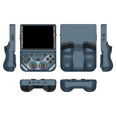 Grey AISLPC RG43V PRO retro handheld game console shown from multiple angles, including front, back, side, top, and bottom views.