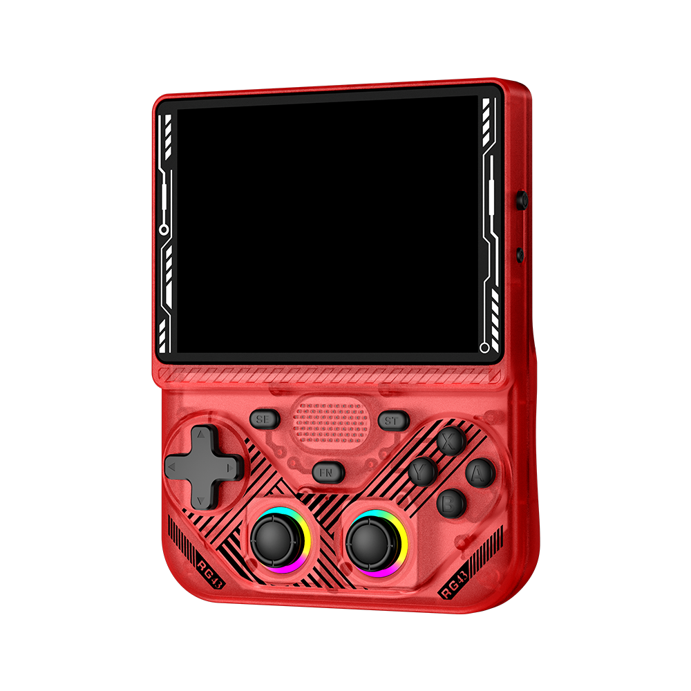 Red AISLPC RG43V PRO retro handheld game console shown from an angled front view with a large display and dual RGB joysticks.