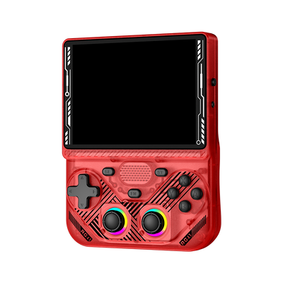 Red AISLPC RG43V PRO retro handheld game console shown from an angled front view with a large display and dual RGB joysticks.