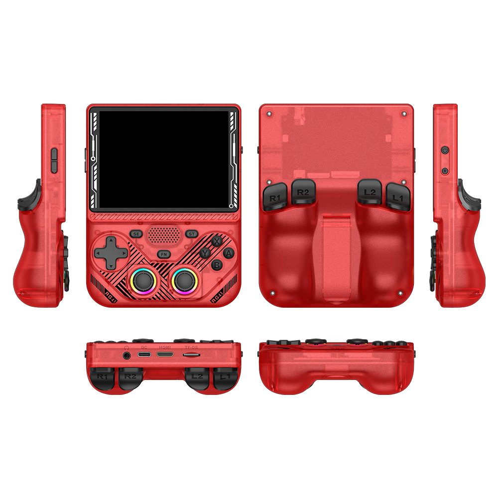 Red AISLPC RG43V PRO retro handheld game console shown from multiple angles, including front, back, side, top, and bottom views.