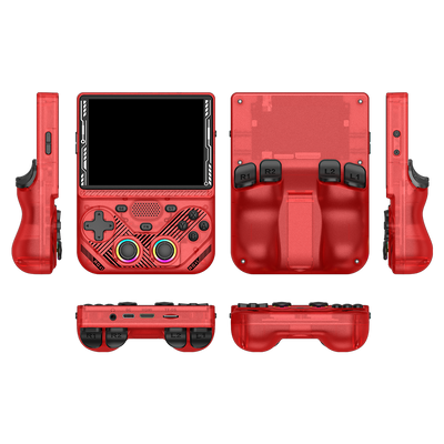 Red AISLPC RG43V PRO retro handheld game console shown from multiple angles, including front, back, side, top, and bottom views.
