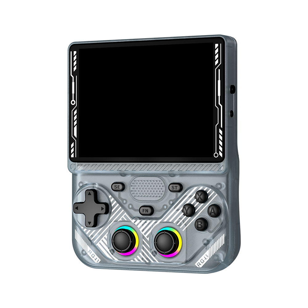 Transparent grey AISLPC RG43V PRO retro handheld game console shown from the front with a large display and dual RGB joysticks.