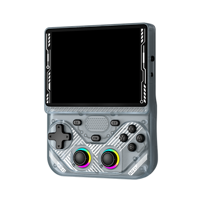 Transparent grey AISLPC RG43V PRO retro handheld game console shown from the front with a large display and dual RGB joysticks.