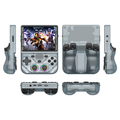 Transparent grey AISLPC RG43V PRO retro handheld game console shown from multiple angles, including front, back, side, top, and bottom views.