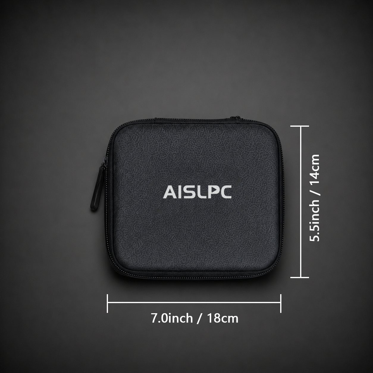 AISLPC RG43V PRO carrying case size guide showing dimensions of 18 × 14 cm (7.0 × 5.5 inches) for the portable handheld console storage bag.
