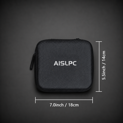 AISLPC RG43V PRO carrying case size guide showing dimensions of 18 × 14 cm (7.0 × 5.5 inches) for the portable handheld console storage bag.
