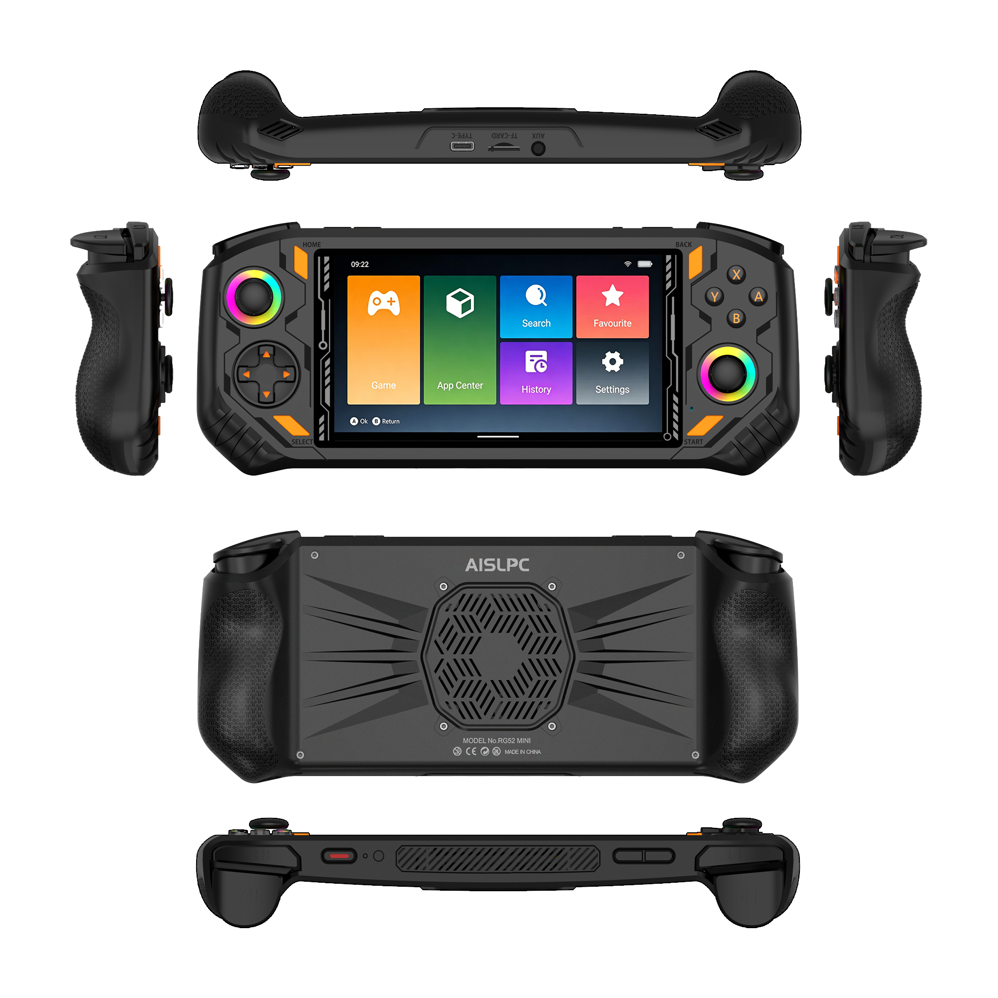Black AISLPC RG52 PRO MAX retro gaming handheld console shown from multiple angles, including front, back, side, top, and bottom views, featuring dual RGB joysticks, ergonomic grips, shoulder buttons, and a rear cooling vent.