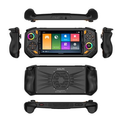Black AISLPC RG52 PRO MAX retro gaming handheld console shown from multiple angles, including front, back, side, top, and bottom views, featuring dual RGB joysticks, ergonomic grips, shoulder buttons, and a rear cooling vent.