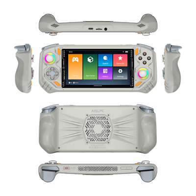 Gray AISLPC RG52 PRO MAX retro gaming handheld console shown from multiple angles, including front, back, side, top, and bottom views, featuring dual RGB joysticks, ergonomic grips, shoulder buttons, and a rear cooling vent.