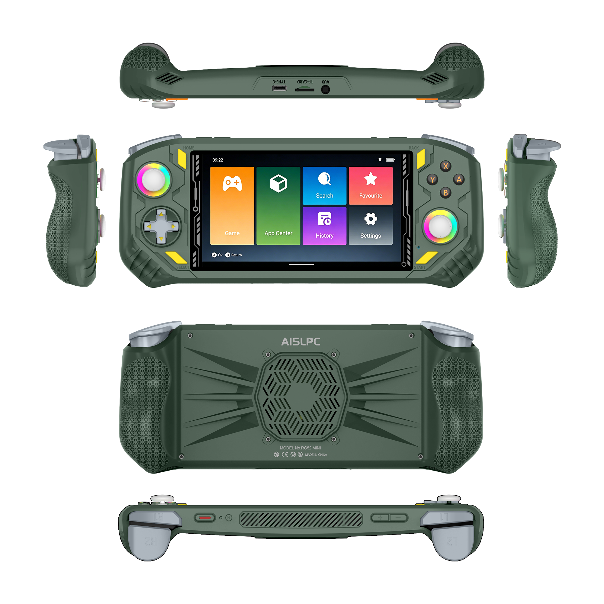 Green AISLPC RG52 PRO MAX retro handheld game console shown from multiple angles, including front, back, side, top, and bottom views.