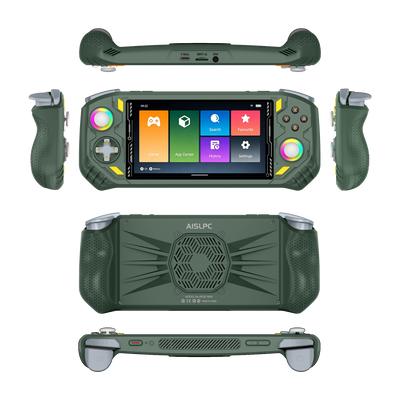Green AISLPC RG52 PRO MAX retro handheld game console shown from multiple angles, including front, back, side, top, and bottom views.