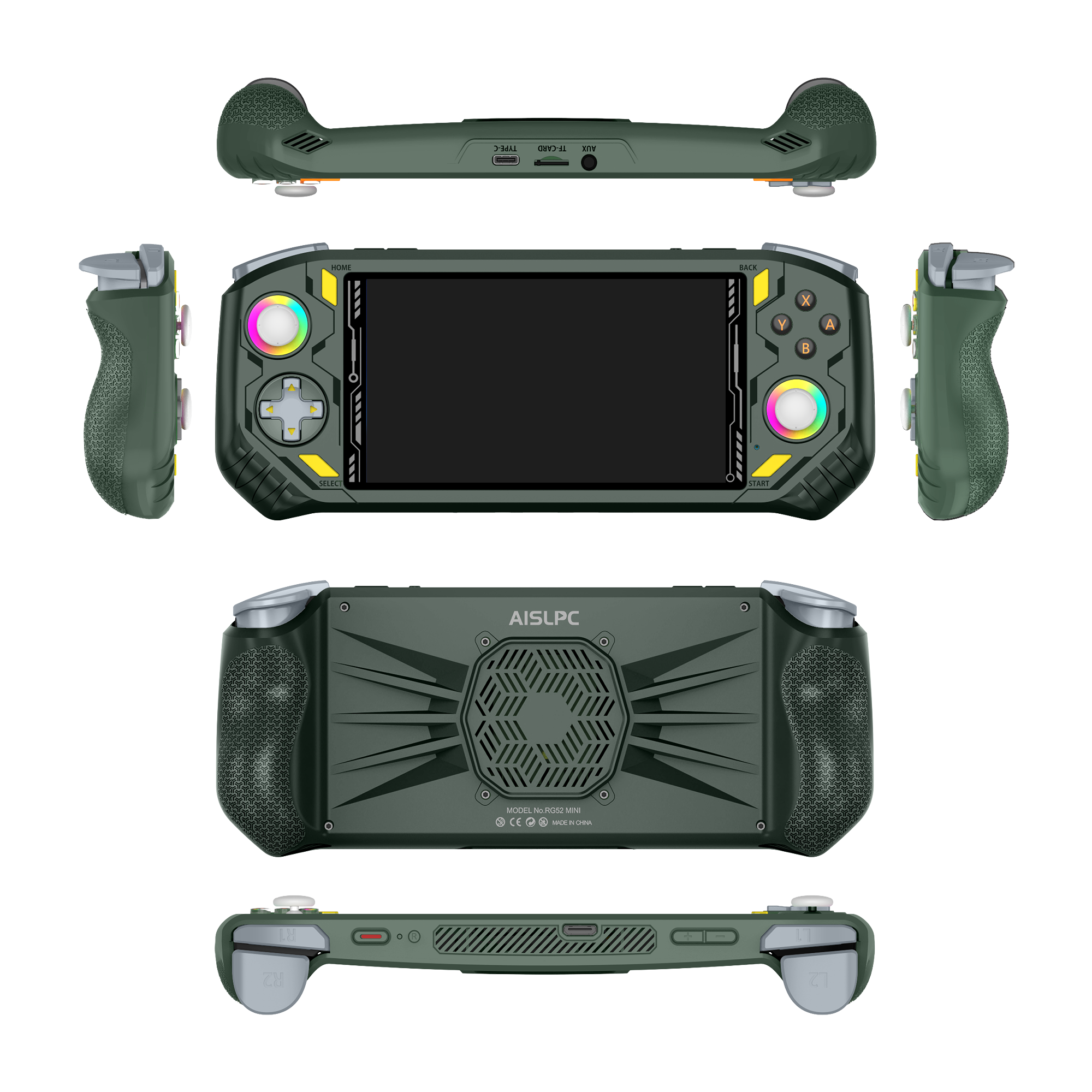 New green RG52 MINI retro gaming handheld console shown in multiple product angles, including front, back, side, top, and bottom views, featuring dual RGB joysticks, shoulder buttons, and rear cooling design.