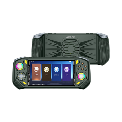 New green AISLPC RG52 MINI retro handheld game console shown from the front and back with RGB joysticks and a rugged grip design.