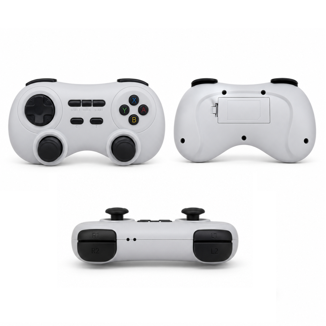 AISLPC RGPad02 2.4GHz wireless game controller in white, shown from front, back, and top views with dual analog sticks and shoulder buttons.