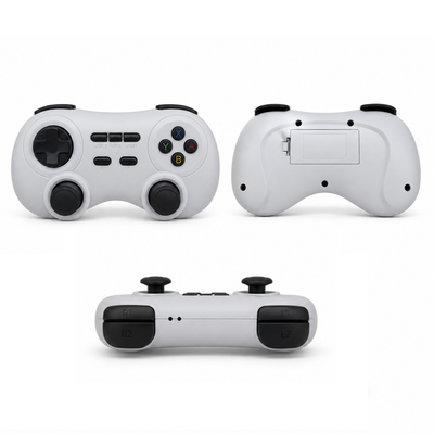 AISLPC RGPad02 2.4GHz wireless game controller in white, shown from front, back, and top views with dual analog sticks and shoulder buttons.