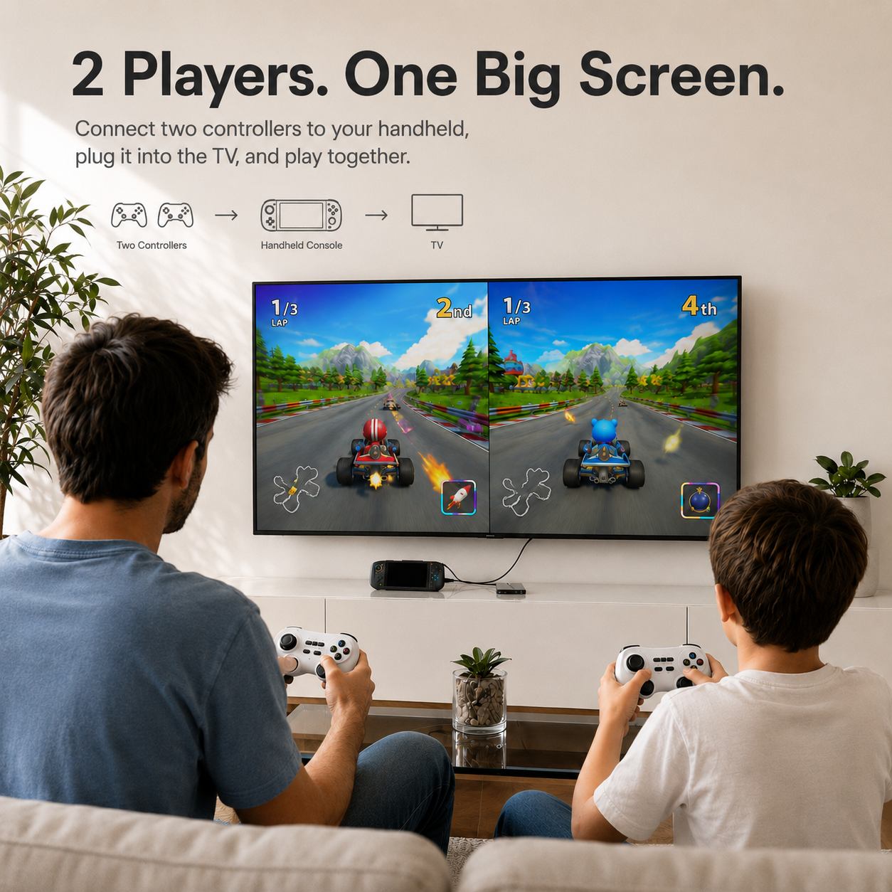 Two players use AISLPC RGPad02 wireless controllers to play split-screen games on a TV connected to a handheld console.