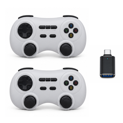 Two AISLPC RGPad02 white wireless game controllers with a USB-C receiver for multiplayer gaming.