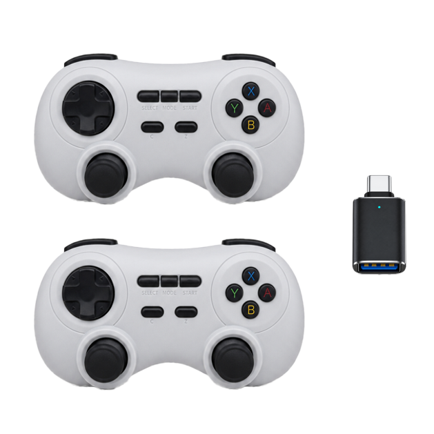AISLPC RGPad02 dual wireless game controllers with a USB-C receiver on a transparent background.