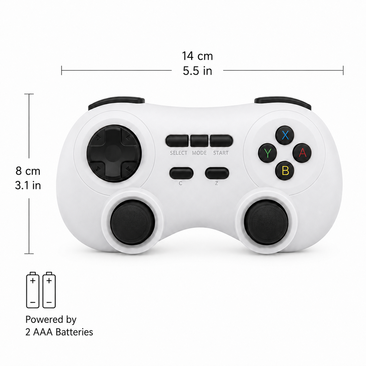 AISLPC RGPad02 wireless game controller measures 14 × 8 cm and is powered by two AAA batteries.
