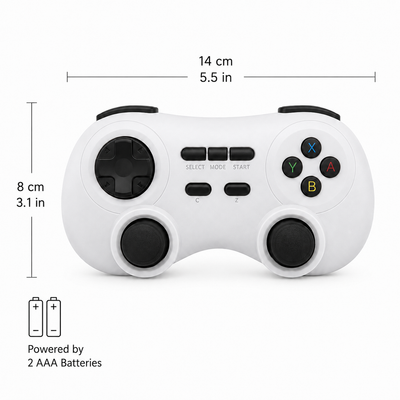 AISLPC RGPad02 wireless game controller measures 14 × 8 cm and is powered by two AAA batteries.