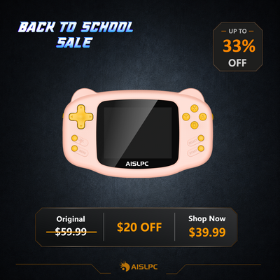 Back to School sale poster featuring the pink K32B retro gaming handheld console with 33% off, a $20 discount, original price $59.99, and sale price $39.99.