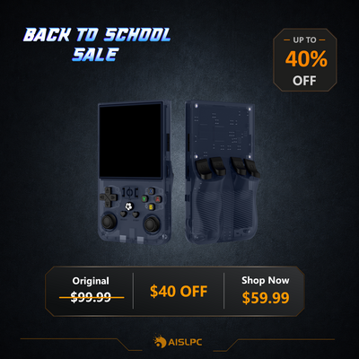 AISLPC Back to School Sale promo poster featuring the black R36 MAX retro handheld game console with up to 40% off and a $59.99 sale price.