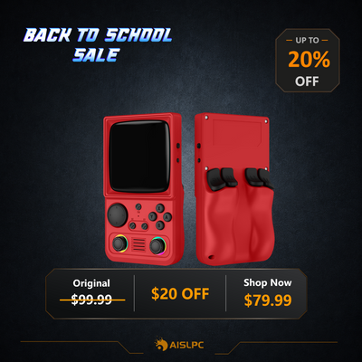 Promotional poster for AISLPC Back to School Sale featuring the red R36T MAX retro handheld console in front and rear views, with up to 20% off and a $79.99 sale price on a dark textured background.