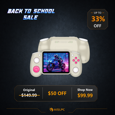 Back to School sale poster featuring the cream and pink RG43H PRO retro gaming handheld console with 33% off, a $50 discount, original price $149.99, and sale price $99.99.
