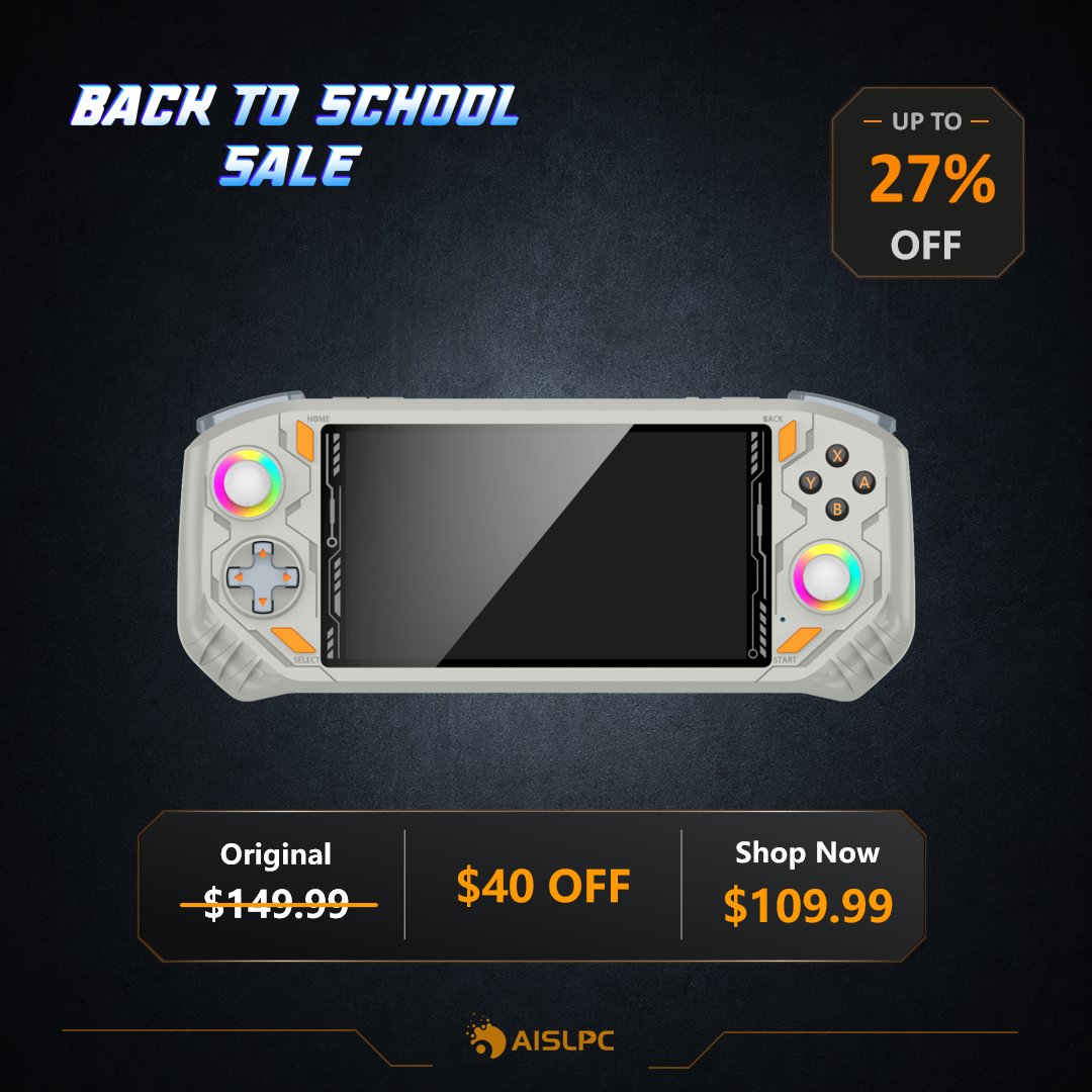 Back to School sale poster featuring the grey RG52 MINI retro gaming handheld console with 27% off, a $40 discount, original price $149.99, and sale price $109.99.