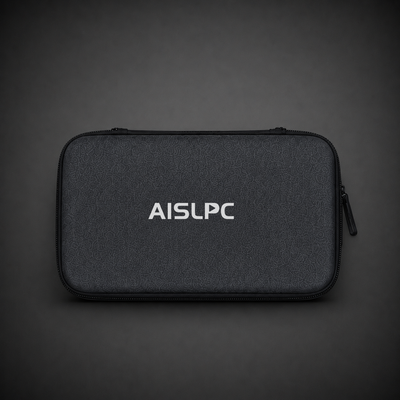 AISLPC black carrying case front view for retro handheld game consoles, featuring a zippered protective storage bag with AISLPC logo.
